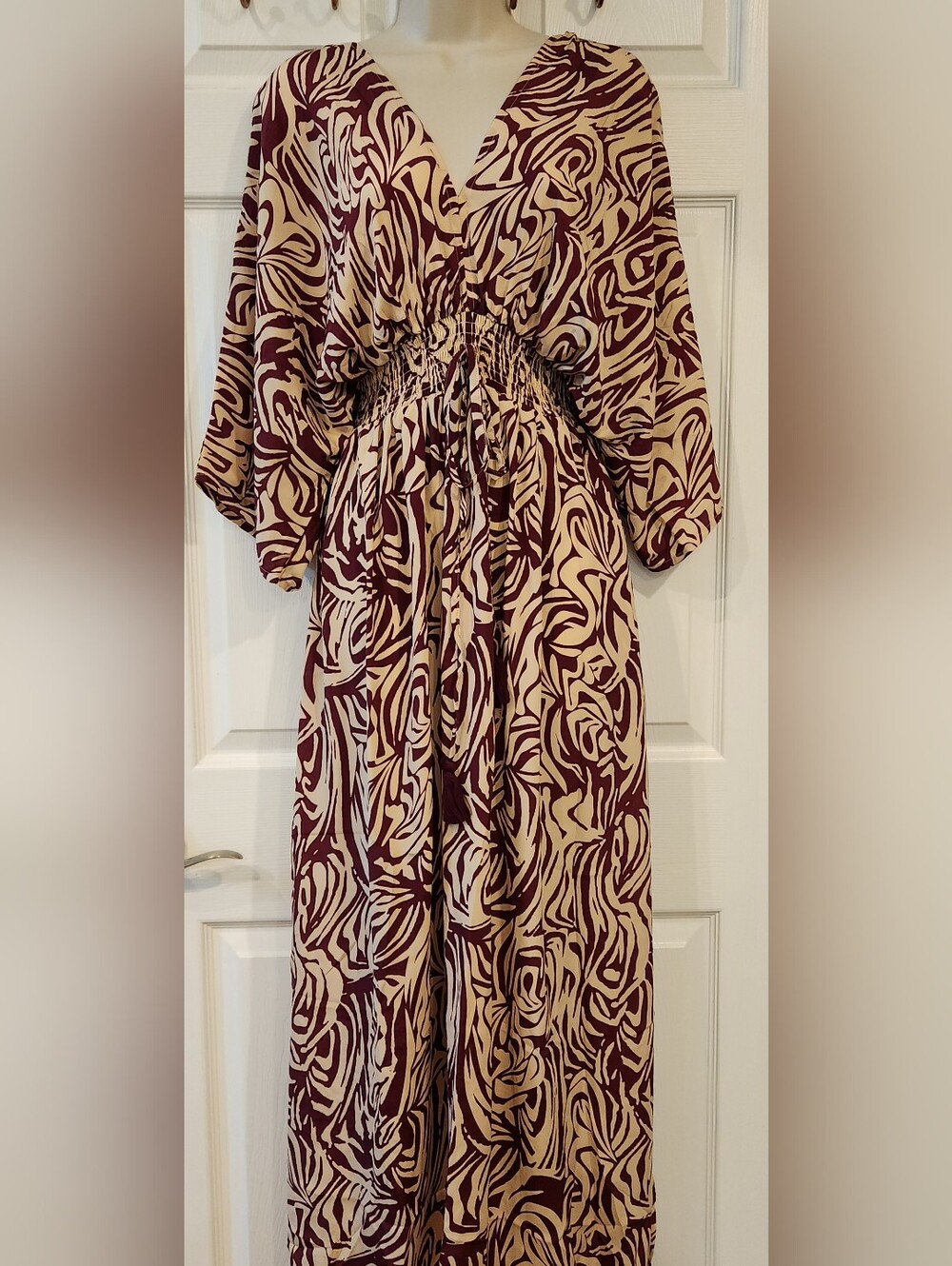White Waves Abstract Print Maxi Dress in Burgundy and Cream